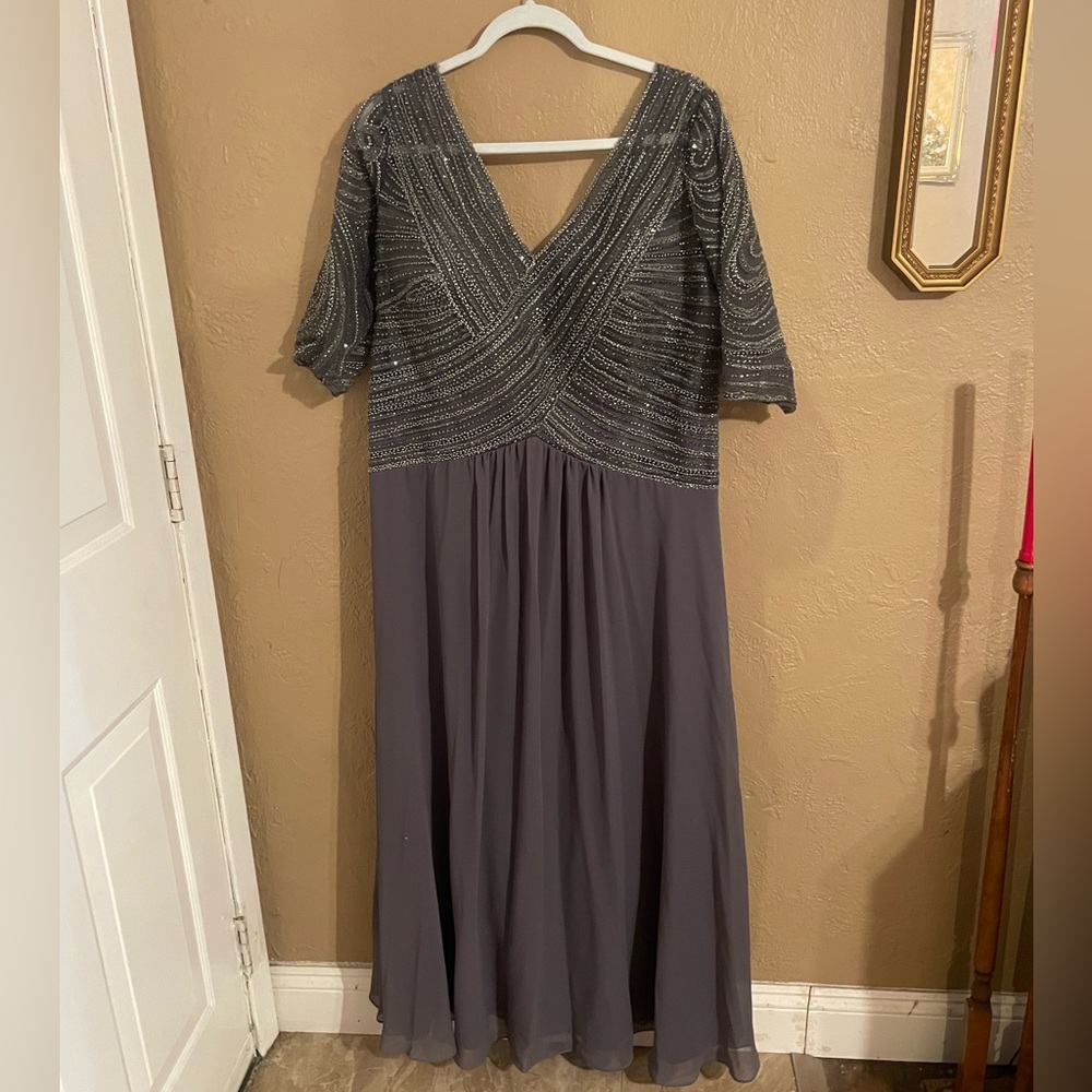 MGNY By Mori Lee - 72028SC Beaded V-Neck A-Line Evening Dress Slate Plus Size 18